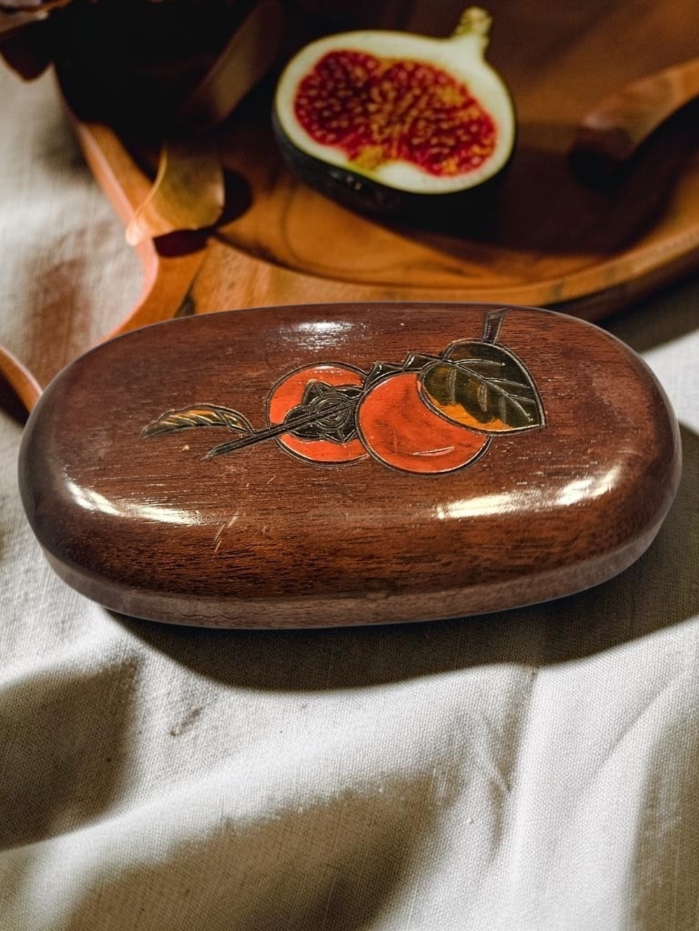 Handcrafted Wooden Oval Trinket Box with Inlaid Fruit Motif